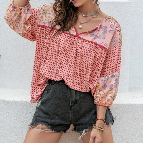 Plus size boho floral print tie neck blouse
